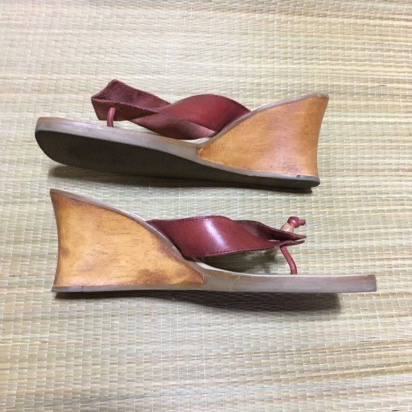 Vintage 90s Leather thong Wedge Sandal - Merlot Red - Size 10 - Picture 3 of 13